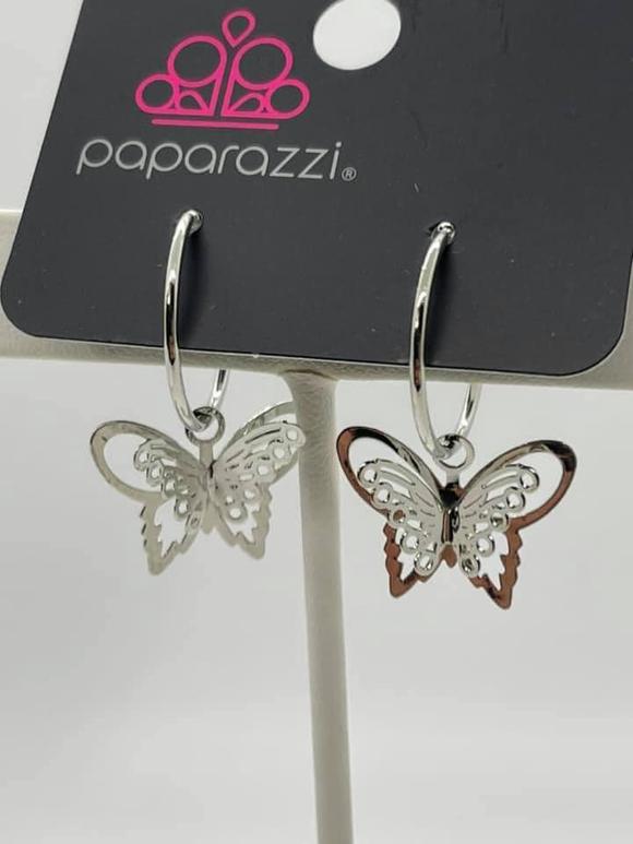 Butterfly Freestyle - 3D Silver Hoop Earrings - Sept 2021 Fashion Fix Exclusive - Paparazzi