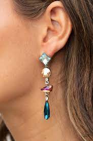 ROCK CANDY ELEGANCE - MULTI IRIDESCENT BLUE PINK BROWN GEM SILVER POST EARRINGS - PAPARAZZI